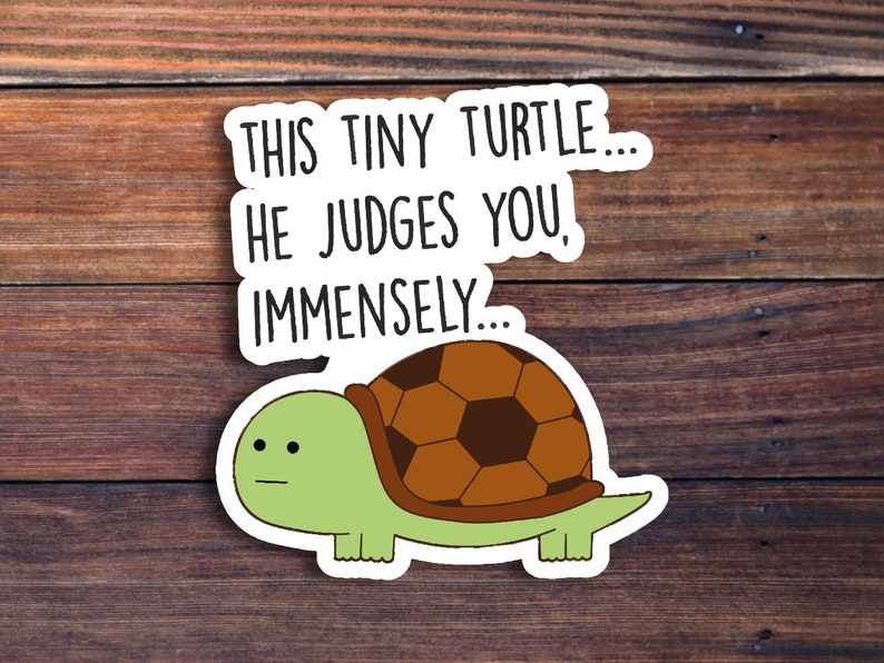 May include: A sticker featuring a cartoon turtle with a soccer ball shell. The text reads "This tiny turtle... he judges you, immensely..."