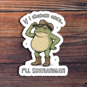 May include: A sticker featuring a cartoon frog wearing a cowboy hat and boots. The frog is green and tan, with the text "If I shenan once... I'll shenanigan" in a playful font. The sticker is on a wooden background.