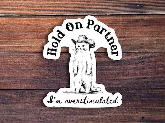 Hold On Partner I'm Overstimulated Sticker, Funny Cowboy Cat Sticker, Western Cat, Sarcastic Country Sticker, Trendy Vintage Sticker