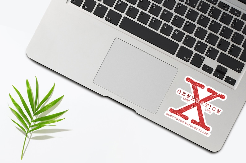 May include: Red and white sticker with the text "Generation X 1965 - 1980" and the text "Raised on house water and video met" on a silver laptop.