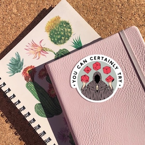 May include: A pink notebook with a sticker that says "You Can Certainly Try" with a black and white illustration of a person in a hooded robe juggling red dice.