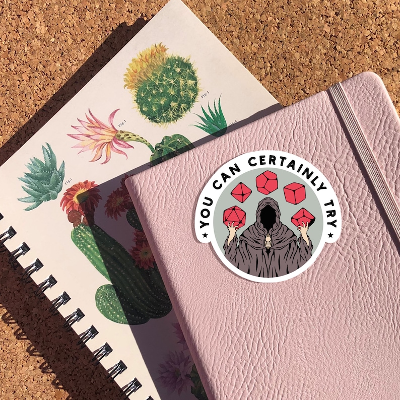 May include: A pink notebook with a sticker that says "You Can Certainly Try" with a black and white illustration of a person in a hooded robe juggling red dice.