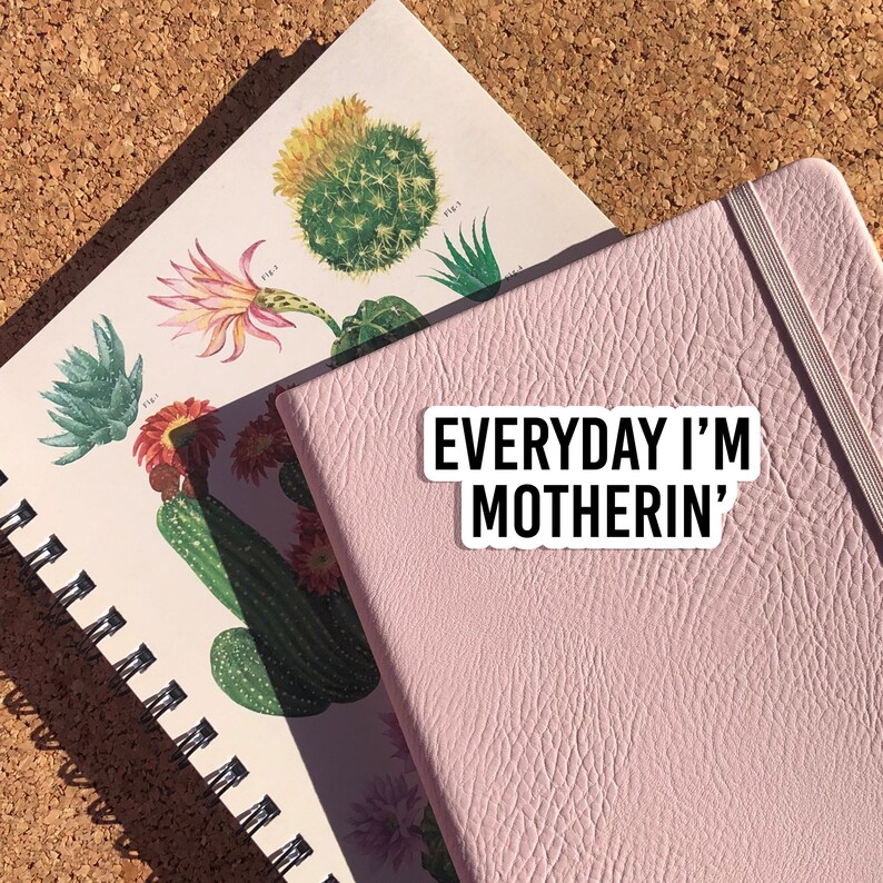 Puede incluir: Una libreta rosa con una pegatina blanca que dice "EVERYDAY I'M MOTHERIN'" en la parte delantera. La libreta est&aacute; encima de un libro con ilustraciones de cactus y flores.