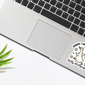 May include: A white laptop with a sticker of a cartoon goose with the text "Sorry I'm late I was dilly dallying".