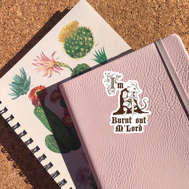 May include: A pink leather journal with a sticker that reads "I'm Burnt out M'Lord" and a cartoon mouse holding a sword. A spiral-bound notebook with botanical illustrations of cacti and succulents is also visible.
