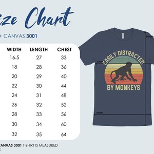 May include: Size chart for a t-shirt with the text "Easily Distracted by Monkeys" in a retro style with a monkey silhouette and a sunset graphic. The chart shows measurements in inches for sizes XS to 5XL.