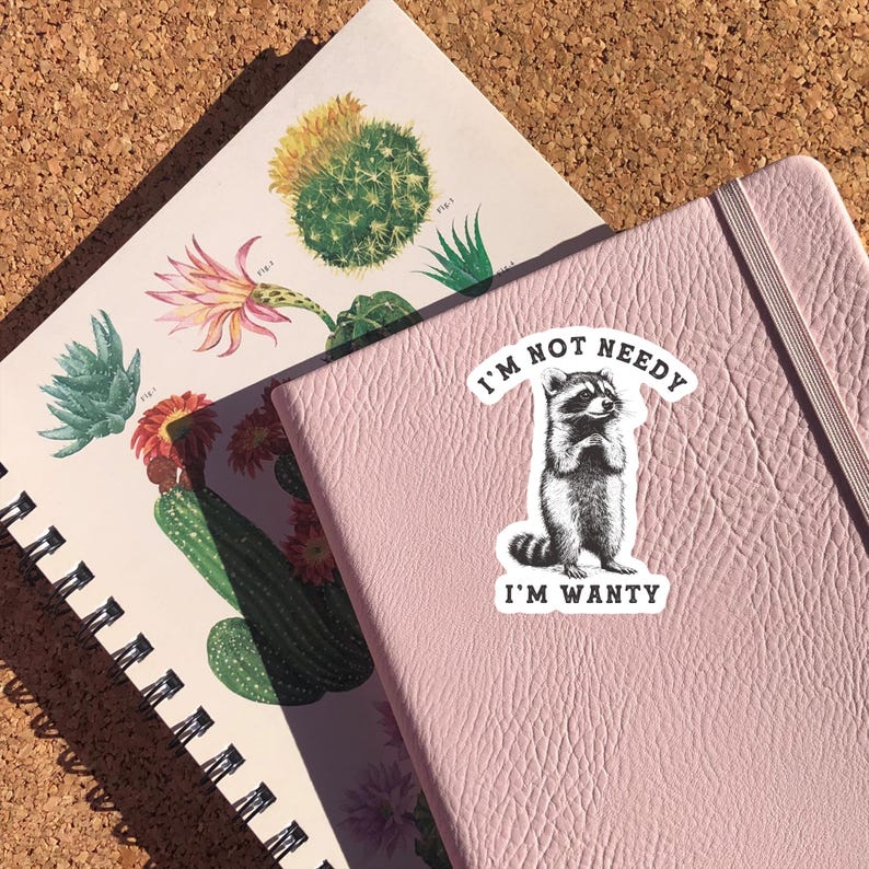 May include: A pink journal with an attached elastic band and a sticker that says "I'M NOT NEEDY I'M WANTY" featuring a raccoon illustration. A spiral-bound notebook with botanical illustrations of cacti and succulents is also visible.