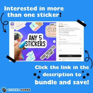 May include: A colorful assortment of stickers with various designs, including a cat, a french fry, a jar with the word "enjoy life", and a cow. The text "Any 5 Stickers" is displayed in a large font. The image is a screenshot of an Etsy shop listing.