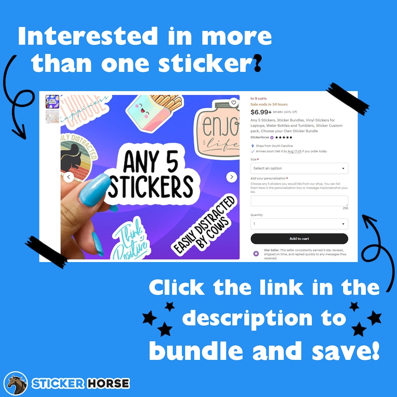 May include: A colorful assortment of stickers with various designs, including a cat, a french fry, a jar with the word "enjoy life", and a cow. The text "Any 5 Stickers" is displayed in a large font. The image is a screenshot of an Etsy shop listing.