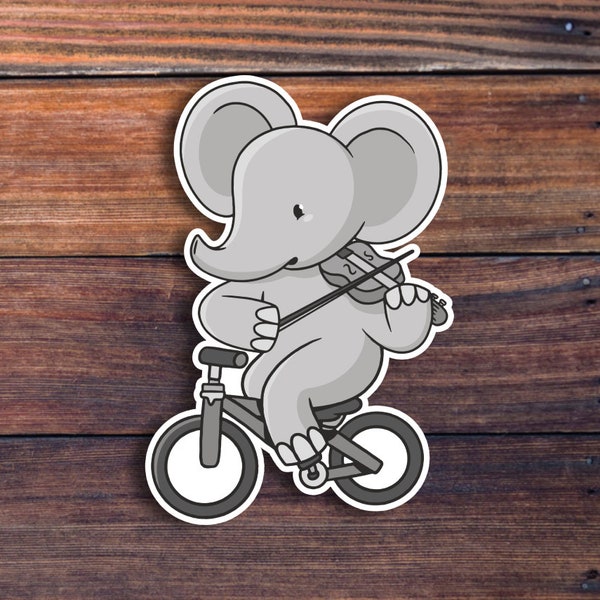 Elephant On Bike Playing Violin Sticker, Elephant Sticker, Bike Sticker, Cyclist Sticker For Laptops, Water Bottles, Planners, Hydroflasks