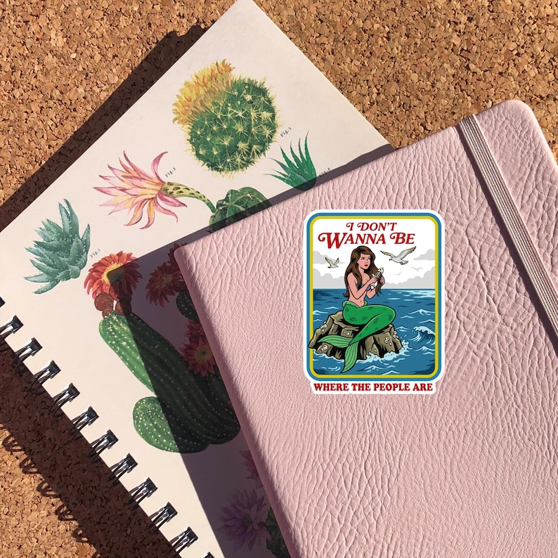 May include: A pink leather journal with a sticker featuring a mermaid sitting on a rock with the text "I DON'T WANNA BE WHERE THE PEOPLE ARE." A botanical illustration notebook with cacti and flowers is visible.