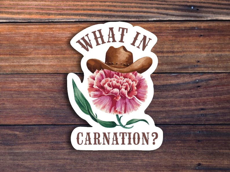 Op de afbeelding: Een sticker met een bruine cowboyhoed bovenop een roze anjerbloem. De tekst "WHAT IN CARNATION?" staat boven en onder de afbeelding. Het ontwerp staat tegen een houten achtergrond.