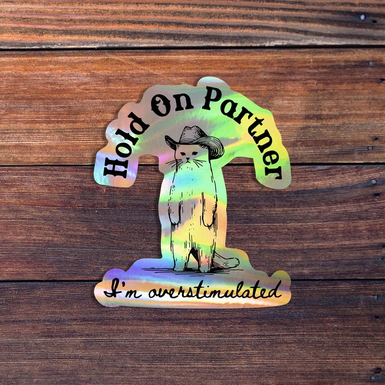Hold On Partner I'm Overstimulated Sticker, Funny Cowboy Cat Sticker, Western Cat, Sarcastic Country Sticker, Trendy Vintage Sticker Holographic Vinyl