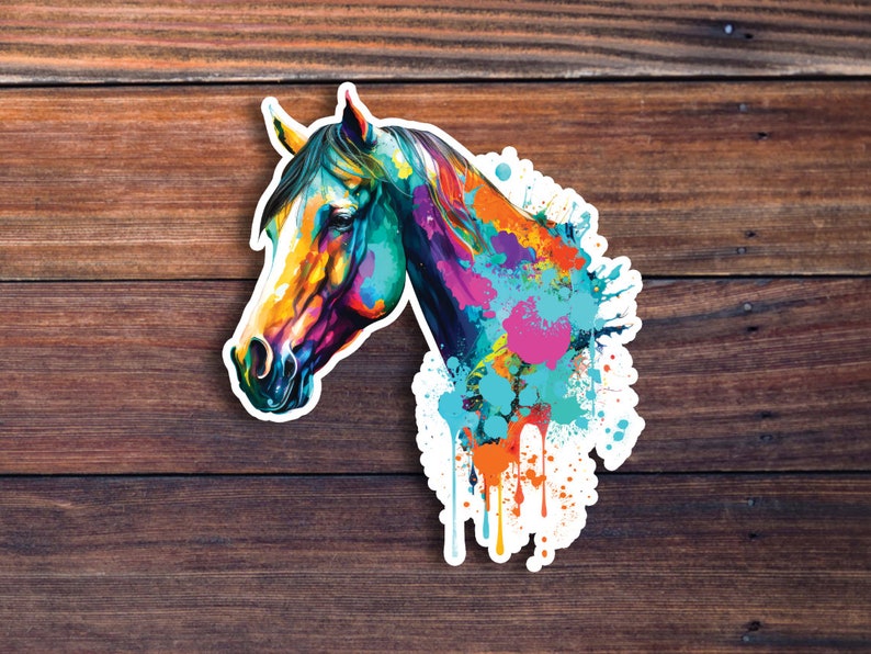 May include: A colorful abstract painting of a horse's head with splashes of blue, green, yellow, orange, pink, and purple paint.