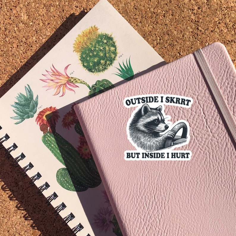 May include: A pink notebook with a black and white sticker featuring a raccoon driving a car. The sticker says "Outside I Skrrt But Inside I Hurt."