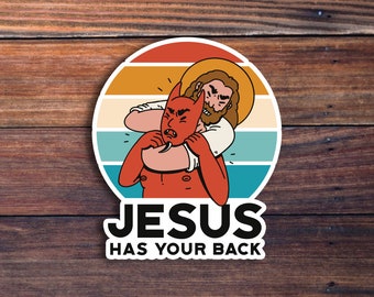 Jesus Has Your Back Sticker, Sarcastic Jiu Jitsu Jesus Sticker, Funny Christian Sticker, Satan Joke Sticker, Devil And Jesus Sticker