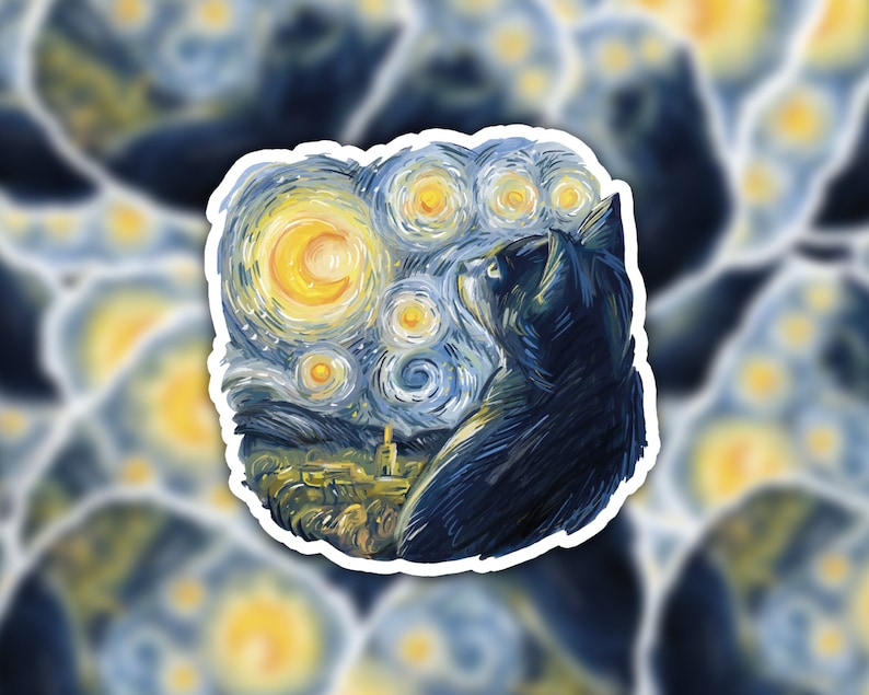 K&ouml;nnte beinhalten: Eine schwarze Katze, die sich vor einem wirbelnden, blauen und gelben Sternenhimmel abhebt, erinnert an Vincent van Goghs 'Sternennacht'.
