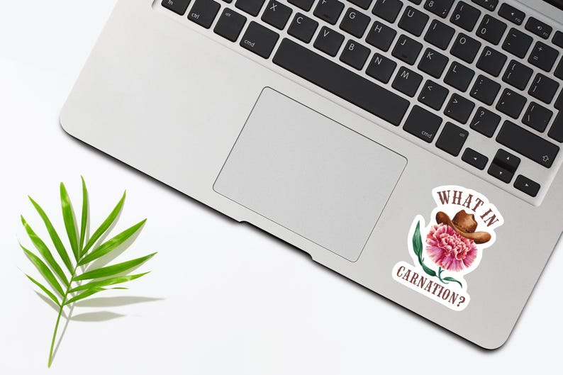 Op de afbeelding: Een sticker op een laptop met een roze pioenroos, een bruine cowboyhoed en de tekst "WHAT IN CARNATION?". Een groen palmblad ligt op het witte oppervlak naast de laptop.