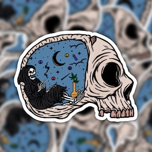 Grim Reaper Smoking Weed Inside A Skull Sticker, 420 Sticker, Marijuana Sticker, Pot Stickers, Stoner Stickers, Cannabis Sticker Gift