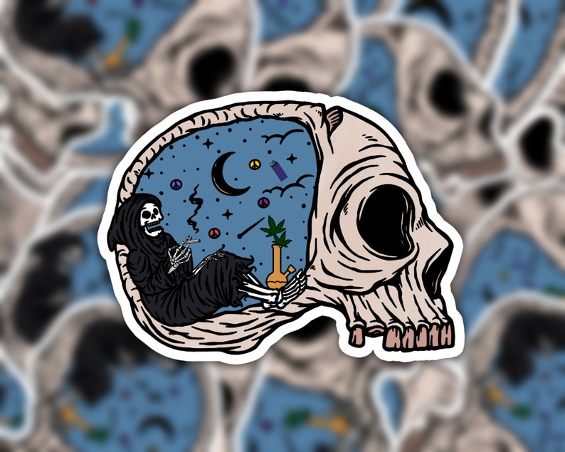 Grim Reaper Smoking Weed Inside A Skull Sticker, 420 Sticker, Marijuana Sticker, Pot Stickers, Stoner Stickers, Cannabis Sticker Gift imagen 1