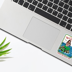 May include: A sticker featuring a mermaid sitting on a rock with the text "I DON'T WANNA BE WHERE THE PEOPLE ARE." The mermaid has long brown hair and a green tail. The sticker is on a laptop.