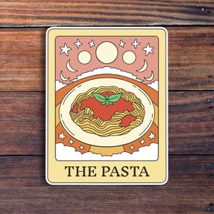 May include: A tarot card with a yellow background and a white border. The card features a plate of pasta with red sauce and a green basil leaf on top. The card is titled "The Pasta".
