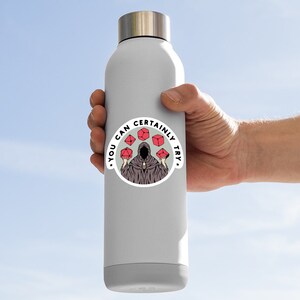 May include: A white water bottle with a round sticker featuring a hooded figure holding red dice. The sticker says "You can certainly try."