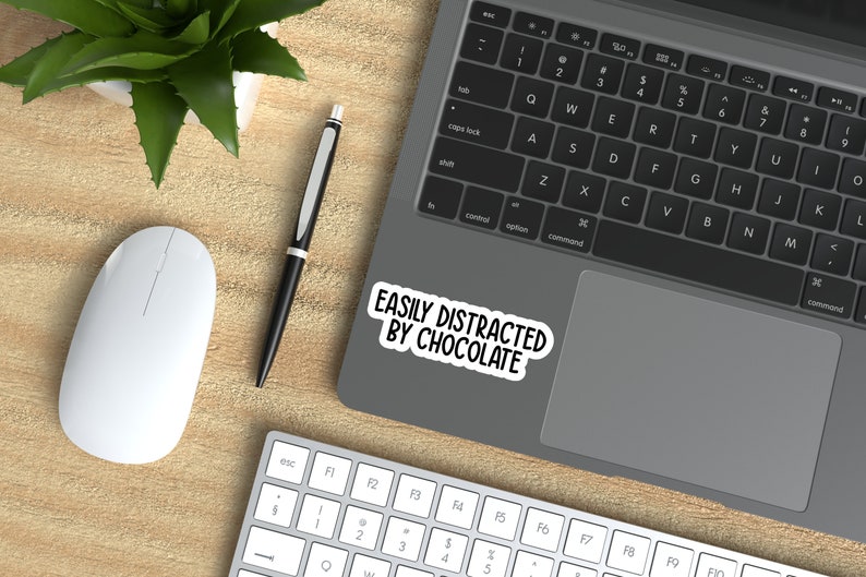 May include: A white laptop computer with a black keyboard and trackpad. A sticker on the trackpad reads "EASILY DISTRACTED BY CHOCOLATE". A white wireless mouse, a black pen, and a green plant are on the wooden desk surface.