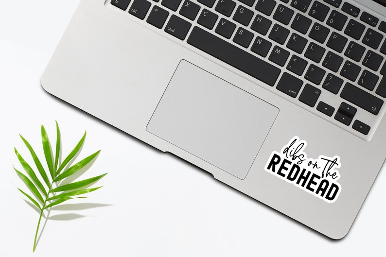 May include: A laptop computer with a sticker that says "dibs on the redhead" on the trackpad. A green leaf is in the lower left corner of the image.