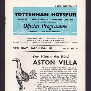 May include: A black and white illustration of a rooster with a soccer ball. The text "Our Visitors this Week ASTON VILLA" is printed in black on a light blue background. The text describes a soccer match between Tottenham Hotspur and Aston Villa.