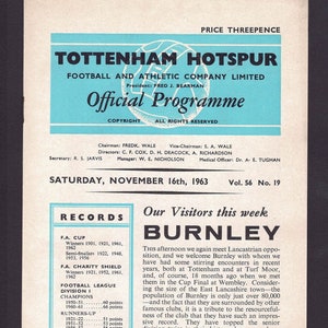 May include: A black and white image of a soccer team's official program for a game between Tottenham Hotspur and Burnley. The program includes the teams' records, a brief history of Burnley, and the date of the game: Saturday, November 16th, 1963.