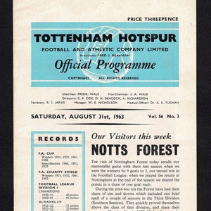 May include: A black and white program for a Tottenham Hotspur football match against Nottingham Forest. The program features a black and white illustration of a rooster, the Tottenham Hotspur mascot, and the text "SATURDAY, AUGUST 31st, 1963" and "NOTTS FOREST".
