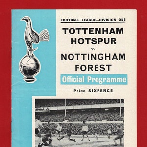 May include: A vintage program for a Tottenham Hotspur vs. Nottingham Forest football match. The program features a black and white photo of the game, the team logos, and the date: Friday, 27th March, 1970.