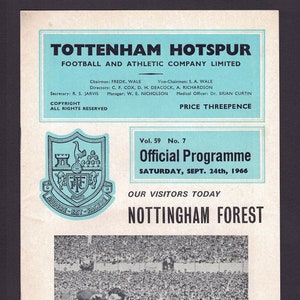 May include: A black and white photo of a football player diving to save a goal. The photo is from a 1966 Tottenham Hotspur official programme. The text on the programme reads "Official Programme" and "Saturday, Sept. 24th, 1966".