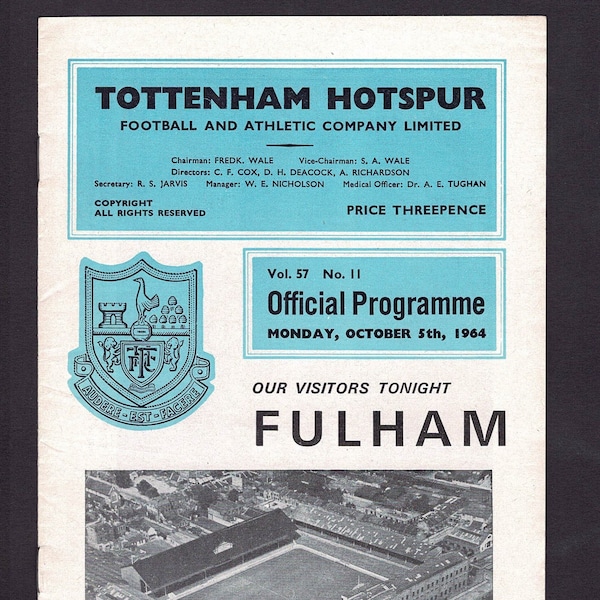 1964 SPURS FOOTBALL Programme - Tottenham Hotspur v FULHAM F.C. - 5th October 1964 - Division One - Soccer Fan Gift  (SR46)