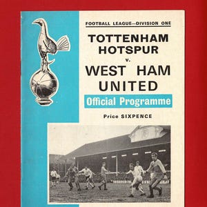 May include: Vintage Tottenham Hotspur vs. West Ham United football program from April 19, 1969. The cover features the team names, a logo, and a black and white photo of the game. The program is from the 1968-69 season.