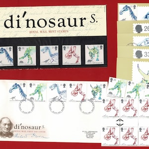 DINOSAURUSZEGELS - Echte ongebruikte Britse postzegels, eerstedagsstempelomslag, presentatiepakket en P.H.Q. Kaarten: prehistorische dieren (WJ10)