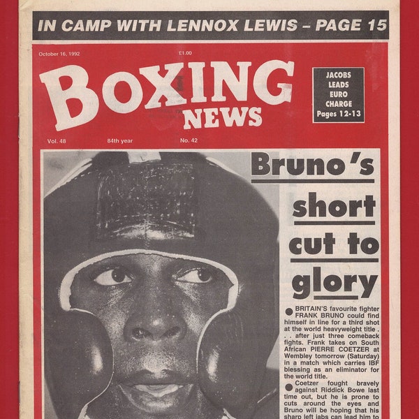 BRUNO - BOXING NEWS October 1992 - Original Boxing Publication. Heavyweight Frank Bruno & Pierre Coetzer, Steve Collins, Lennox Lewis (TG03)