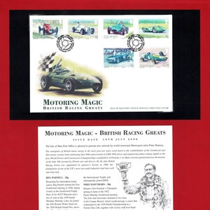 MAGIA DEI MOTORI - Grandi piloti britannici - Francobolli dell'Isola di Man - Busta primo giorno - Grandi piloti, incluso Sterling Moss - Regalo per gli appassionati di sport motoristici (US15)