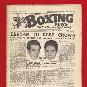 May include: A black and white newspaper clipping from Boxing News, a weekly publication, featuring a boxing match between Peter Keenan and Bobby Boland. The article highlights Keenan's championship title and his upcoming fight against Boland. The article also includes a photo of the two boxers, along with their boxing records and a quote from Tommy Trump.