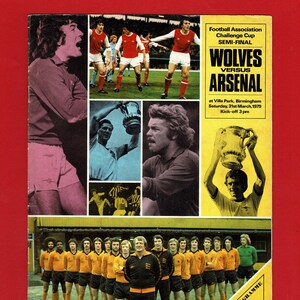 May include: A vintage souvenir program cover for the Football Association Challenge Cup semi-final match between Wolves and Arsenal, held at Villa Park in Birmingham on March 31, 1979. The cover features action shots of the teams and players.