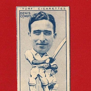 Tarjeta de críquet original de DENIS COMPTON: tarjeta de cigarrillos/tabaco británica de la década de 1940, jugador de críquet de Inglaterra, edición genuina de Carreras de la Segunda Guerra Mundial (SU02)