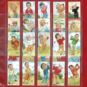GOLF-HANDELSKARTEN - 'Fairway Favourites' - Ritchie & Co. - Vollständiger Satz von Golfer-Karikaturkarten inc. Bobby Jones. Sieben Ballesteros (RY12.3)