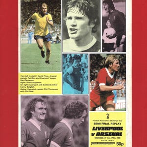 May include: A vintage sports magazine page featuring multiple images of soccer players in action. The page includes text detailing the Liverpool vs. Arsenal semi-final replay match, including the date and time. The magazine is printed in color.