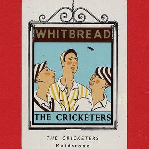 May include: Vintage Whitbread advertising card featuring three cricket players looking up at a ball. The card has a white border with the words "WHITBREAD" and "THE CRICKETERS" displayed. The text "THE CRICKETERS Maidstone" is at the bottom.