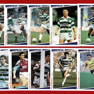 10x FUTBOLISTAS DEL CELTIC F.C. - Tarjetas originales de 1991 - Glasgow Celtic Football Club - Tarjetas Merlin Shooting Stars - Regalo para fanáticos del fútbol (RI05)