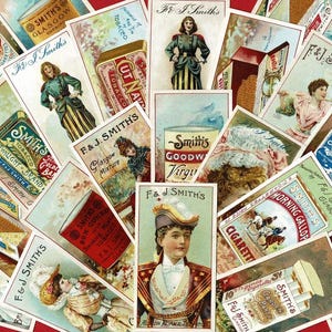 CARTÕES DE ANÚNCIOS 1897 - F. e J. SMITH - Conjunto de cartas de tabaco para cigarros britânicos reimpressas - Para colecionar e para artesanato. Presente de nostalgia (UV07)