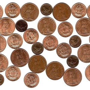 BULK LOT Britische Münzen - Queen Elizabeth II - 28 echte Münzen - 1950er und 1960er Jahre - Penny, Halfpenny und Farthing Münzen - Good Group (ST05.2)