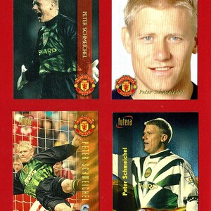 PETER SCHMEICHEL - Tarjetas coleccionables originales de futbolistas de 1998 (x4) - Manchester United Football Club y Noruega - Futera - Regalo de fútbol (OS01.2)