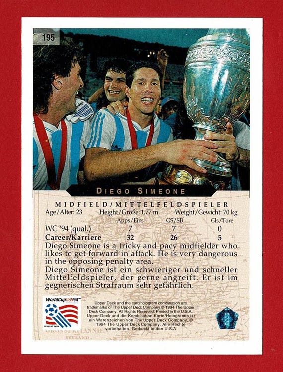 DIEGO SIMEONE (ARGENTINA) - Original 1994 Footballer Trading Card